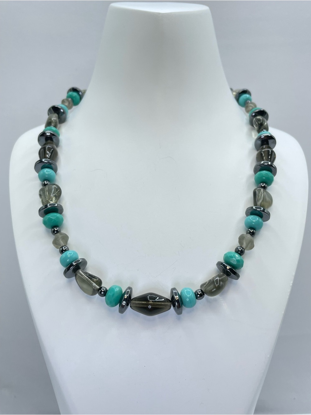 Glass Quartz Hematite Turquoise Beaded Heart Toggle Statement Necklace